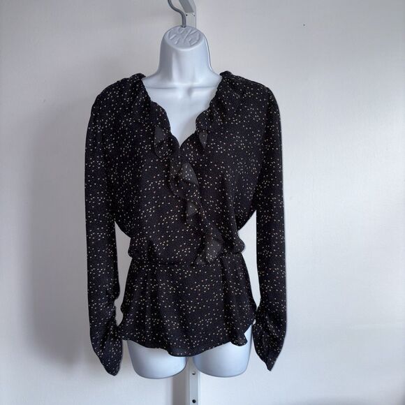 Cabi Black Heart Blouse Size Medium Ruffle V-Neckline Long Sleeves #4154 - Picture 1 of 7